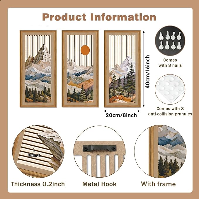 Celestdeco Boho Abstract Mountain Wood Wall Art Modern Geometric Artwork Bohemian Sun Forest Wood Wall Decor Mountain Tree Hanging Decor for Living Room Bedroom 7.9 x15.8 Inch