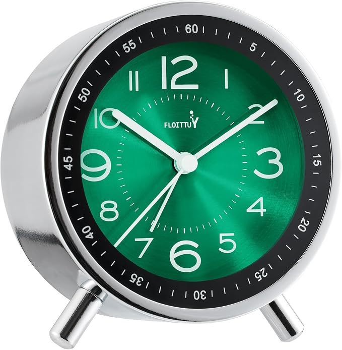 FLOITTUY Super Silent Metal Alarm Clock,Beep Wake Round Alarm Clock with Strip Night Light,Battery Operated,Easy Set,Simple & Retro for Desk, Bedroom and Home Decoration(Emerald Green)