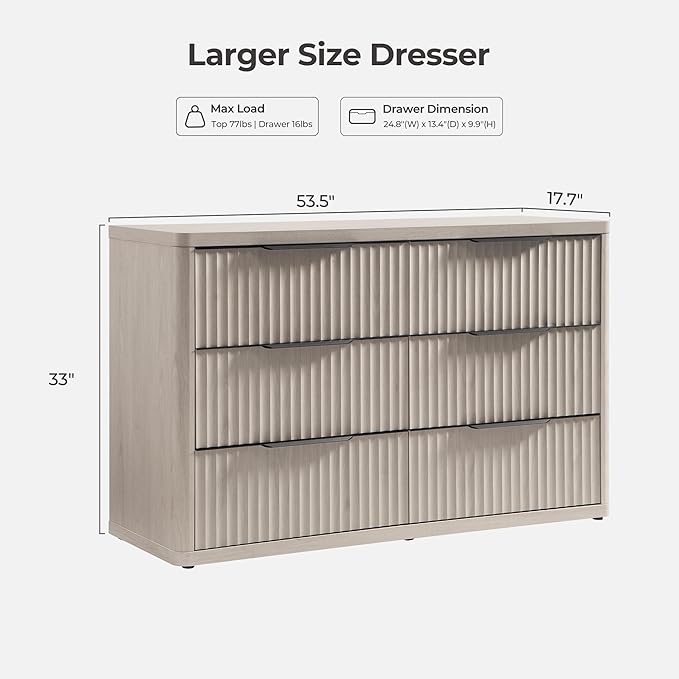 SICOTAS Dresser for Bedroom 53.5" Wide 6 Drawer Dressers & Chests of Drawers for Closet Long Large Modern TV Stand Set for Clothes Storage Fluted Clothes Closet for Hallway Entryway, White Alder