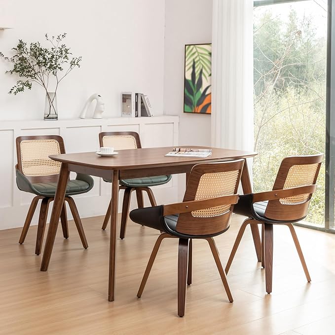 Set of 1 Swivel Rattan Dining Chair - Mid Century Modern Dining Chair with Bentwood Frame, Ergonomic Cane Back, Curved Arms, Faux Leather Swivel Chair for Kitchen/Restaurant (Walnut Beige, Set of 1)