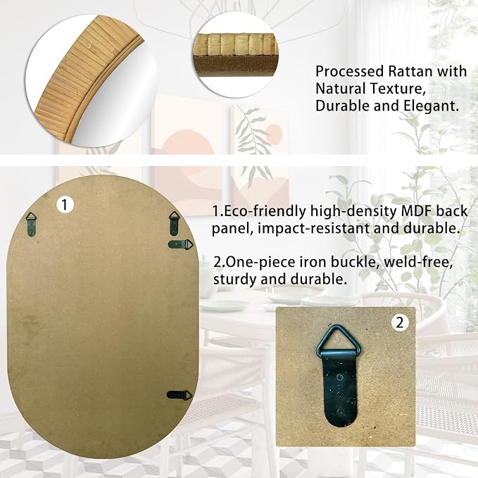 20x30 Oval Rattan Mirror for Wall, Boho Decorative Mirror for Bathroom Vanity, Farmhouse & Natural Home Decor for Bedroom, Living Room