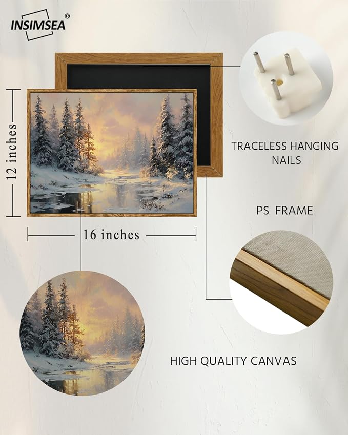 InSimSea Christmas Decor Framed Wall Art, Winter snow scene Canvas Painting, Warm and peaceful Holiday decor Unique Christmas Gifts For Table Wall Farmhouse Mantel Home Office 12L x 16W