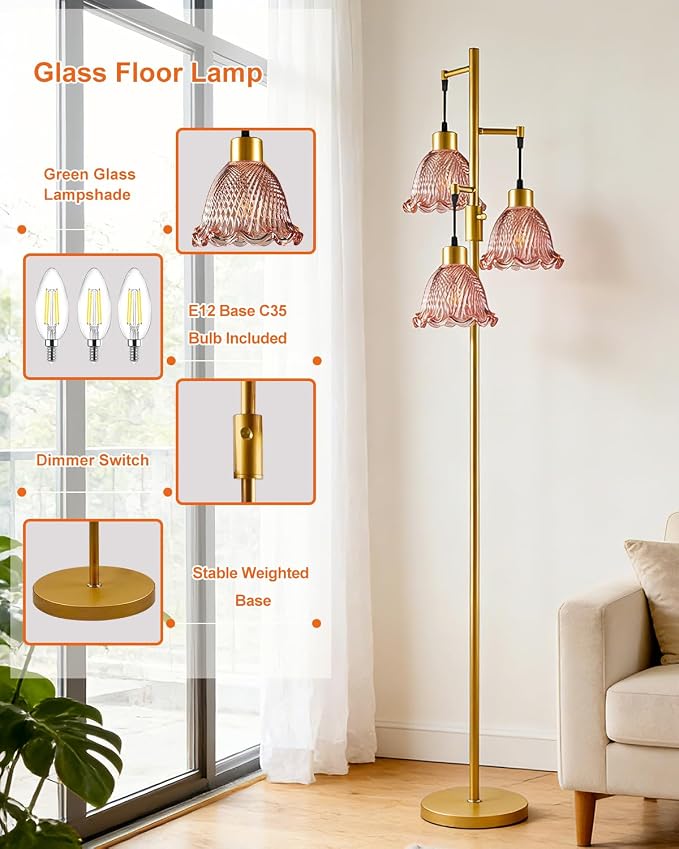 3-Light Modern Glass Floor Lamp, Gold Standing Tall Lamp with Deep Red Glass Shade for Reading, Dimmable LED Floor Lamp with 5Lbs Heavy Base for Living Room Bedroom Home Decor, Bulb Included