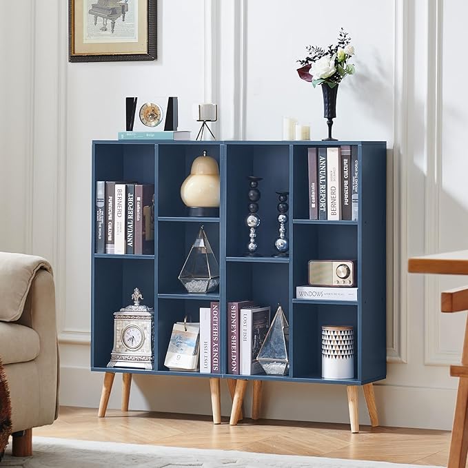 LEYAOYAO 5 Cube Bookshelf 3-Tier Bookcase with Legs,Mint Dark Blue Kids Book Shelf Cute Storage Organizer,Free Standing Open Toy Shelves Wood Bookshelves,Display Bookcases for Bedroom,Living Room