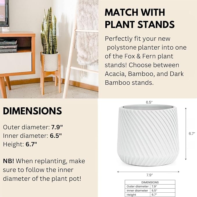 Fox & Fern Large Indoor Planter, Modern Large Plant Pot for Indoor or Outdoor, UV and Frost Resistant - 8 Inch, Polystone, Matte White Flower Pot with Drainage Plug, 3D Printed Design
