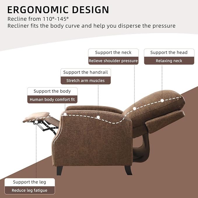 Push Back Recliner Chair Faux Leather Pushback Armchair with Rivet Decoration Wingback Single Sofa Chair with Padded Seat Solid Wood Legs for Living Room, Comfy Upholstered, Brown
