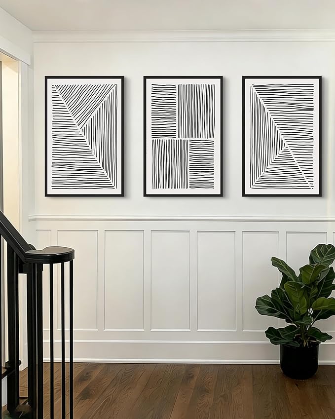 Drsoum Mid-Century Modern Framed Wall Art Large 24x36in Minimalist Abstract Boho Black Line Wall Decor Geometric Artwork Kitchen Dining Room Black Framed