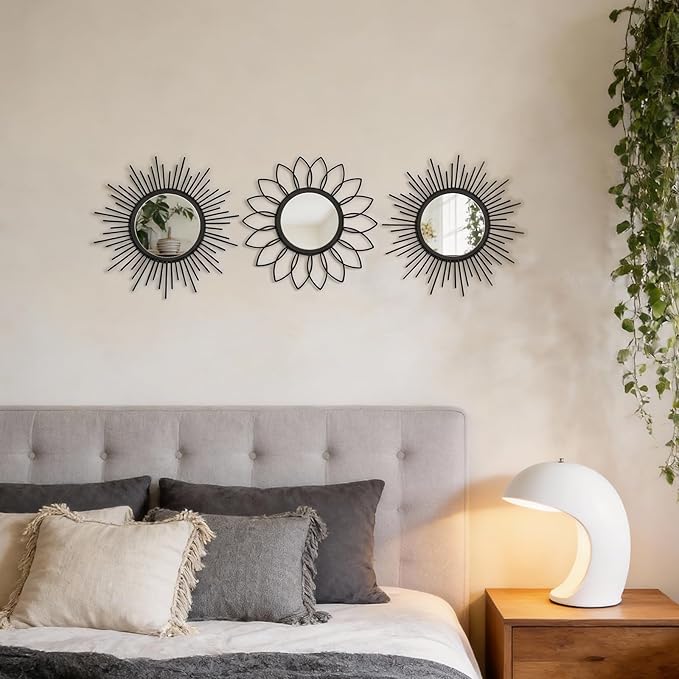 Set of 3 Black Metal Sunburst Wall Mirrors - 12" Round Decorative Art for Living Room Bedroom Bathroom Entryway, No Assembly Required, Rust Resistant Design