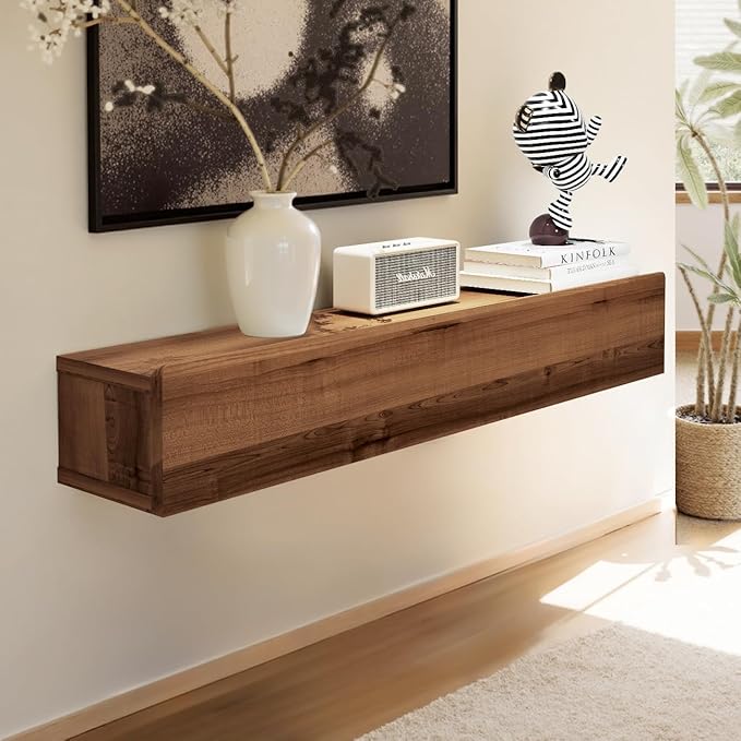 Floating Solid Wood Console Table, 39'' Wall Mounted Narrow Entryway Table with Storage Shelf, Modern Couch Shelves Small Entry Way Tables for Entryway, Front Hall, Hallway (Walnut, 39.37IN)