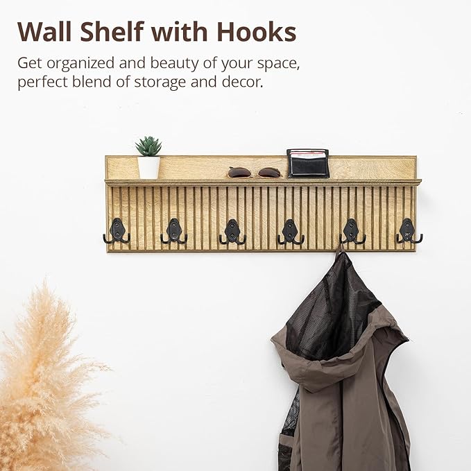 Rustic Wall Mounted Coat Rack with Shelf Wooden Entryway Organizer with 5 Metal Hooks for Coats Hats Towels Keys Floating Storage Shelf for Bathroom Bedroom (Jade, 45 inch Striped 8 Hooks)