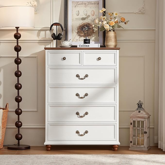 Farmhouse 6 Drawer Dresser for Bedroom, 42" Tall Rustic Chests of Drawers w/ 4 Solid Wood Feet, Mid Century Modern Wooden Closet Storage Dressers Organizer for Living Room, Hallway,White