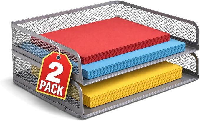Stackable Side Load Letter Tray, Silver Wire Metal Mesh Paper Tray Organizer, 2 Trays