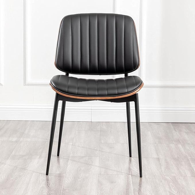 LUNLING Dining Chairs Set of 4 Mid Century Modern Retro Faux Leather Chair with Walnut Bentwood Upholstered Seat Metal Legs Chairs,Adjustable Foot for Kitchen Dining Room Chairs(Black)