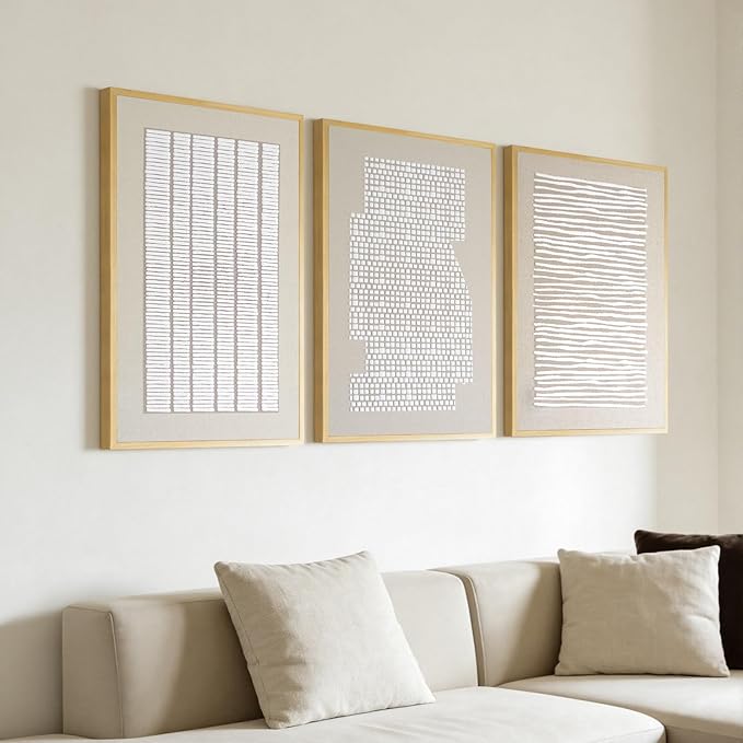 Thalasse 3D Textured Abstract Wall Art for Bedroom, 3 Piece Modern Minimalist Line Canvas Artwork for Walls, Beige White Framed Pictures with Solid Wood for Living Room Decor, 16x24 In