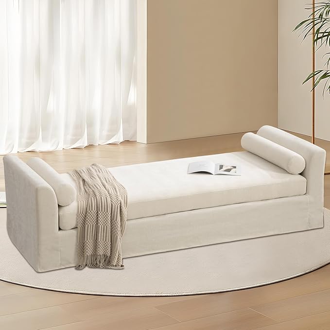 Chifee & Vingol Oversized Chaise Lounge Indoor 88" W Extra-Long End of Bed Bench Upholstered Modern Dining Benches with Removable Pillows for Living Room Bedroom,Beige