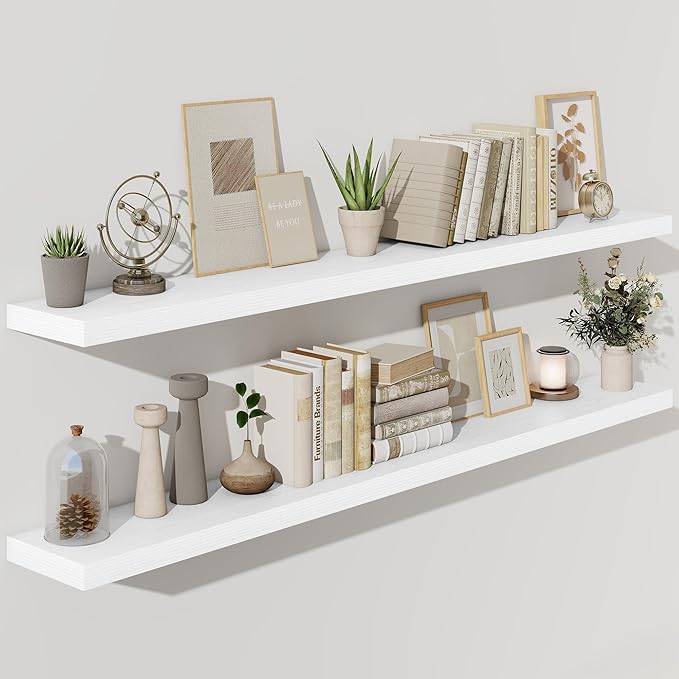 Fun Memories 72 Inch Floating Shelves for Wall, Fireplace Mantel Shelf with Invisible Heavy Duty Bracket, 8 Inch Deep Storage Shelf for Living Room, Kitchen, Farmhouse, White (2-Pack)