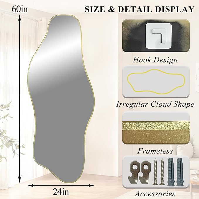 Large Irregular Mirror, 60"x24" Asymmetrical Tempered Glass Mirror Decorative, Gold Abstract Wall Mirrors for Dressing, Modern Frameless Mirrors for Living Room Bathroom Bedroom Hallway Entryway