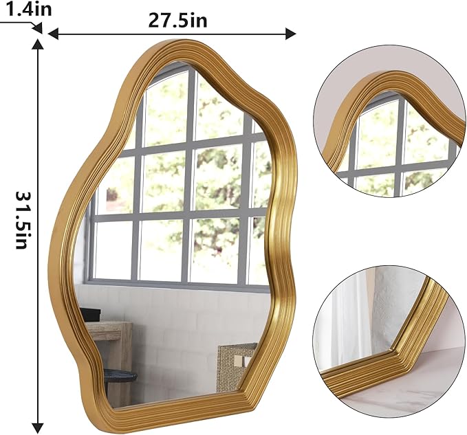 SHYFOY Antique Gold Wall Mirror, Asymmetrical Decorative Mirror for Wall Decor, Irregular Large Ornate Mirrors for Living Room, Wavy Abstract Cloud Mirror, 31.5" L x 27.5" W