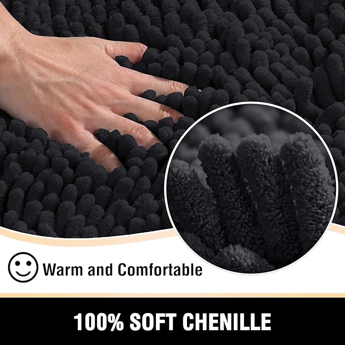 H.VERSAILTEX Bathroom Rugs Bath Mat Bath Rugs Bath Mats for Bathroom Non Slip Extra Thick Buncy Soft Chenille Bath Rug Fulffy Shag, Indoor Rug Runner Carpet for Living Room (Black, Large 59" x 20")