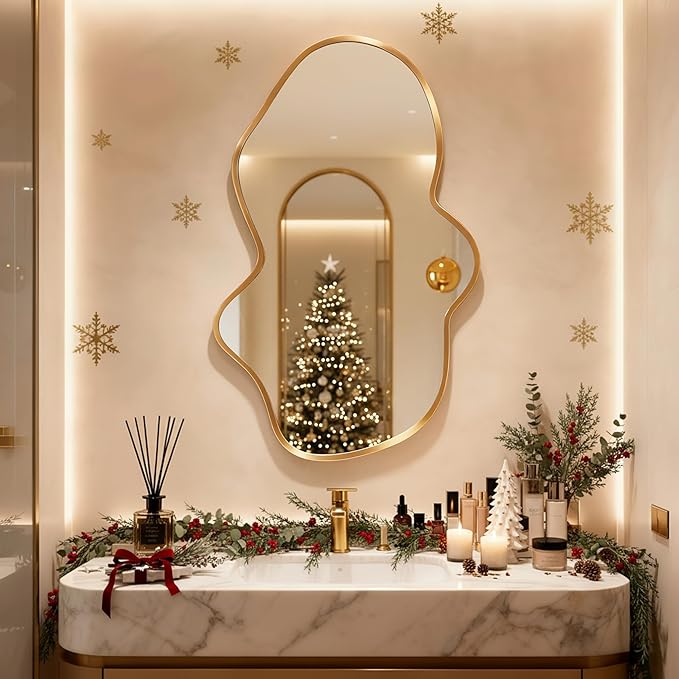 Irregular Wall Mirror, Gold Bathroom Wavy Abstract Mirror for Over Sink, Decorative Cloud-Shaped Wall Mirror, Stylish Shatter-Proof HD Mirror for Bedroom, Entryway (22"x36", S, 1 Pack)