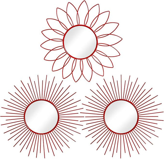 3 Pack Metal Mirrors for Wall Sunburst Wall Mirrors Home Décor Decorative Hanging Wall Art for Living Room Bedroom Entryway (Red, Flower+Sunburst)