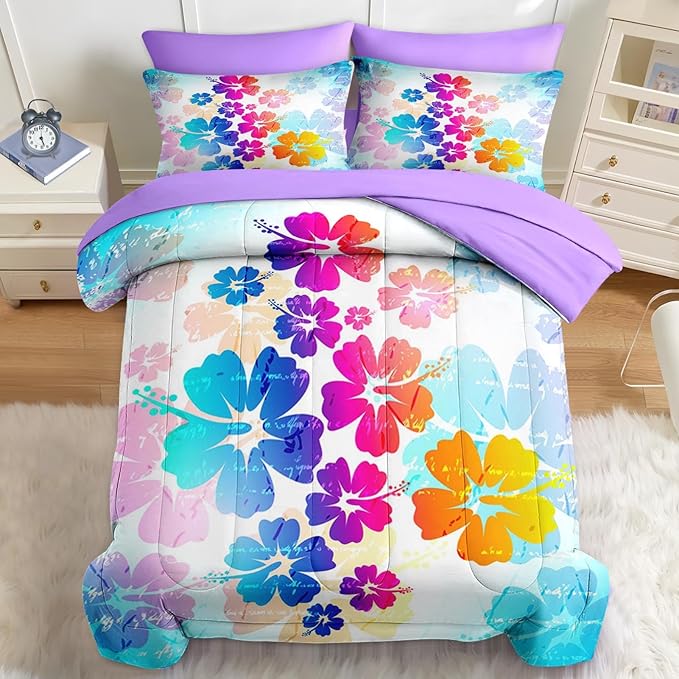 Nesker Comforter Set King Size, Hawaiian Flower Floral 7 Pcs Bedding for Kids and Adults, Hibiscus Hawaii Blue Bed Sheet Sets with Fitted Sheet 2 Pillowcases & 2 Shams