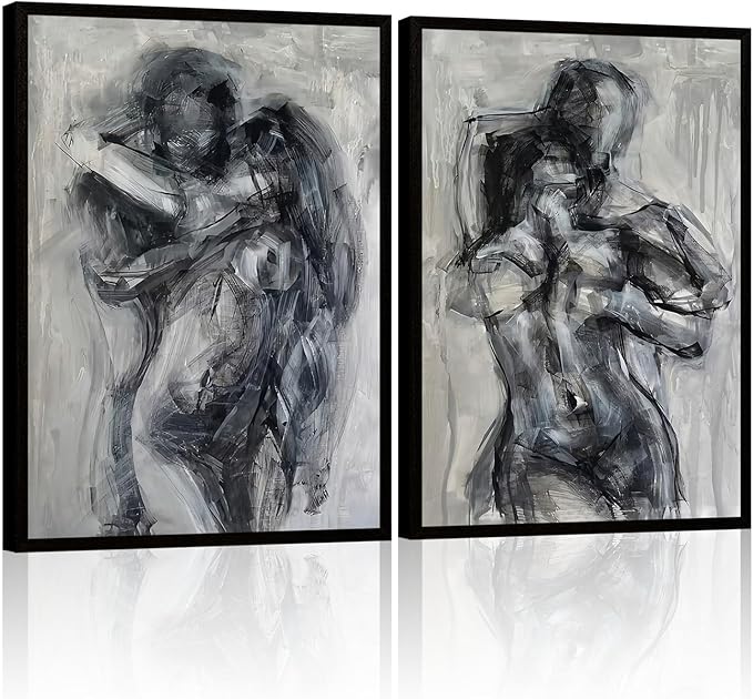 2Pcs Framed Black and White Bathroom Canvas Wall Art Abstract Nude Prints Couple Modern Gallery Style Painting Pen sketch Posters Decorations Bedroom Living Room Bathroom 16x24 Inch Ready to Hang
