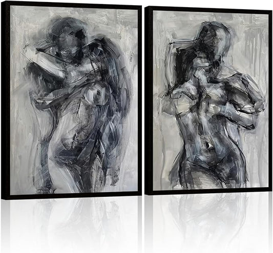 2Pcs Framed Black and White Bathroom Canvas Wall Art Abstract Nude Prints Couple Modern Gallery Style Painting Pen sketch Posters Decorations Bedroom Living Room Bathroom 12x16 Inch Ready to Hang