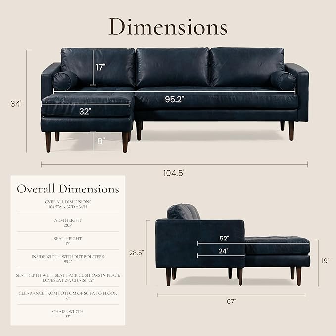 Poly & BARK Napa 104.5" Left-Facing Sectional Sofa – Midnight Blue Full-Grain Pure-Aniline Italian Leather, Feather-Down Cushions, Kiln-Dried Solid Wood Frame, Walnut Legs