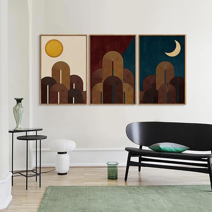 KaiWithYuan Mid Century Modern Framed Canvas Wall Art, Boho Minimalist Geometric Arch Wall Decor, Sun and Moon Art Paintings, Retro Abstract Mountains Artwork for Bedroom Living Room Office 16"x24"x3