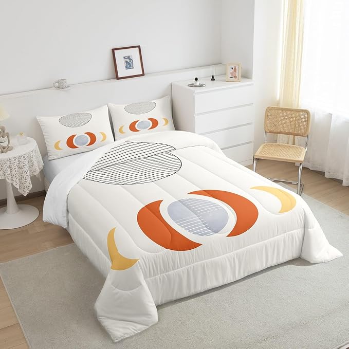 Mid Century Bedding Set King Abstract Moon Comforter Set, Striped Duvet Insert White Aesthetic Quilt Sets, Retro Minimalism Bedding Comforters & Sets Modern Art Bedroom Decor Ultra Soft 3pcs
