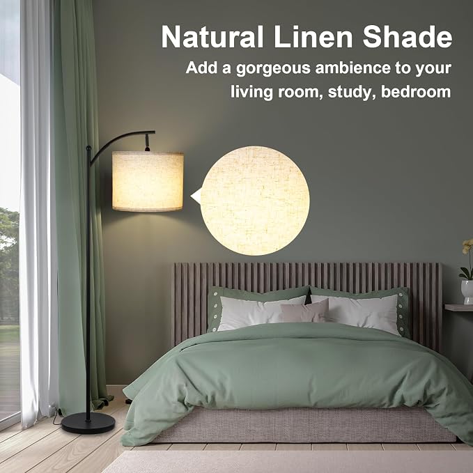 LALISU Modern Floor Lamp, 3-Ways Dimmable Standing Lamp with Linen Shade, Adjustable Height, Foot-Step Switch, Reading Lamp for Living Room, Bedroom, Office, 9W Bulb Included (Black)