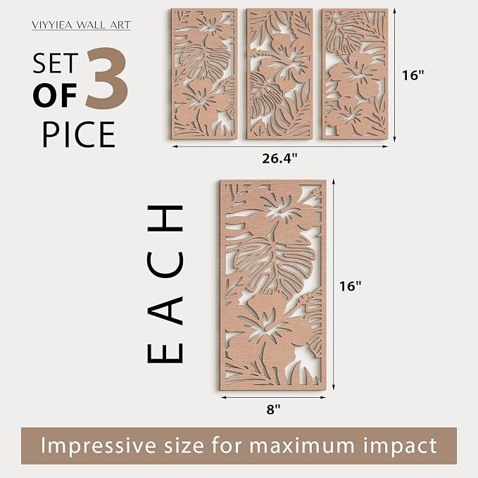 VIYYIEA Boho Solid Wood Carved Wall Art Set of 3, Geometric Minimalist Wooden Home Decor Panels, Handcrafted Solid Wood Wall Hanging for Living Room Bedroom Hallway, 16 x 8 Inch Each (Blooms)