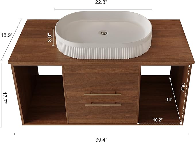 Glintee 40" Modern Floating Bathroom Vanity with Ceramic Basin– Wall-Mounted Solid Wood Cabinet with 2 Drawers & Dual Open Shelves, Easy Assembly (Walnut)