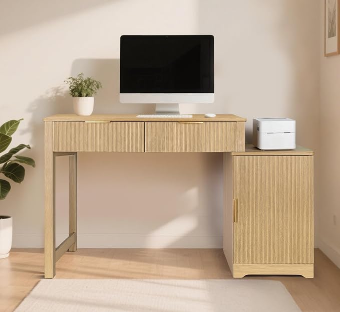 ZYBT 40" Fluted Executive Desk, Modern Wood Home Office Desk with Fluted Drawer & Removable Storage Cabinet and Printer Stand, Farmhouse Computer Writing Table for Work Study, Natural Oak