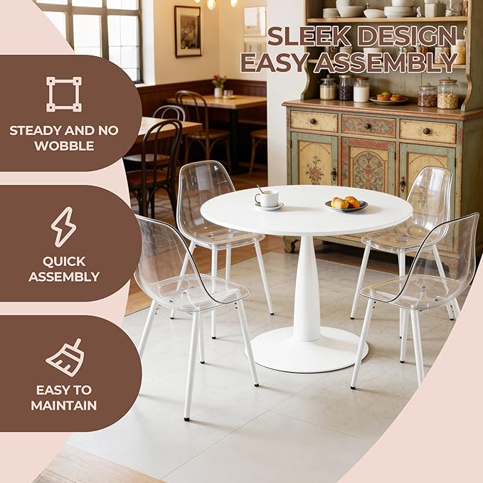 Round Tulip Dining Table 42 Inch White for 2-4 People, Modern Kitchen Table with MDF Top and Metal Pedestal Base, Bistro Table for Apartment Cafe Office Living Room