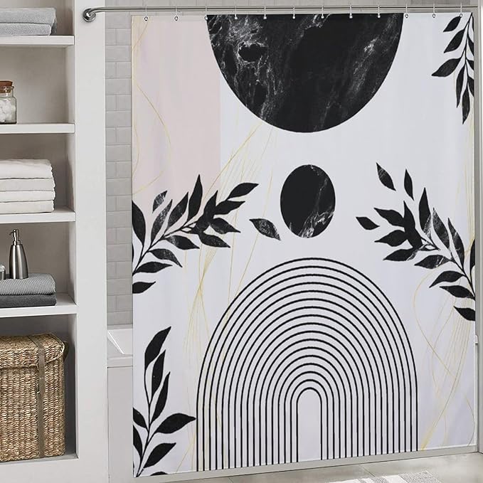 Boho Mid Century Leaf Shower Curtain,Arch Sun Design,Minimalistic Leaves Pattern Luxurious Washable Waterproof Fabric for Bathroom Decor Bathtub with 12 Hooks 72x72in (183x183cm)
