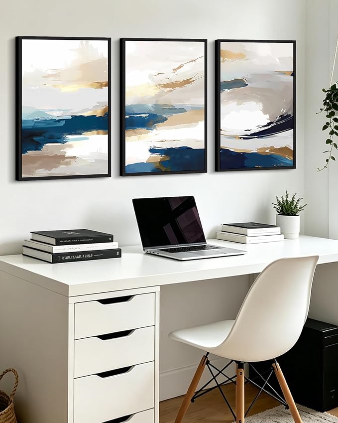 KUVIOKE Navy Blue Abstract Framed Canvas Wall Art Graffiti Shape Pastel Wall Decor Modern Minimalist Art Painting for Bedroom Living Room 16x24in (Black Framed)