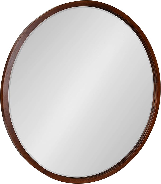 Kate and Laurel McLean Mid-Century Wood Framed Wall Mirror, 30 inch Diameter, Walnut Brown, Decorative Modern Round Mirror