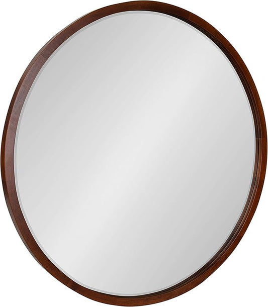 Kate and Laurel McLean Mid-Century Wood Framed Wall Mirror, 30 inch Diameter, Walnut Brown, Decorative Modern Round Mirror
