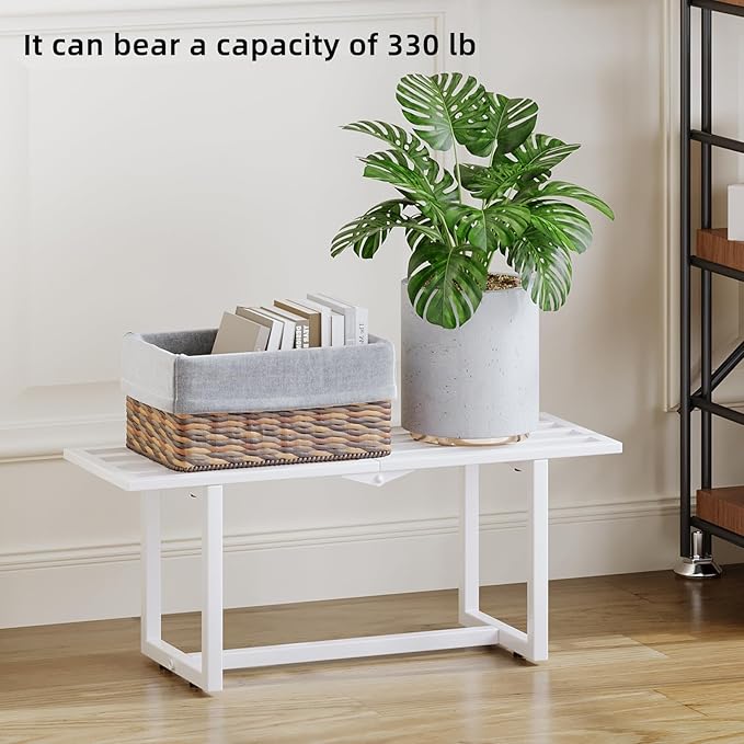 2 Pack Metal Plant Stand, Foldable Heavy Duty Indoor, Window Iron Plant Shelf - Mid Century Modern Slatted Bench for Patio, Garden, Living Room Load Bearing 330 lbs 26" L x 10.4" H x 8.6" W 1 Tier White