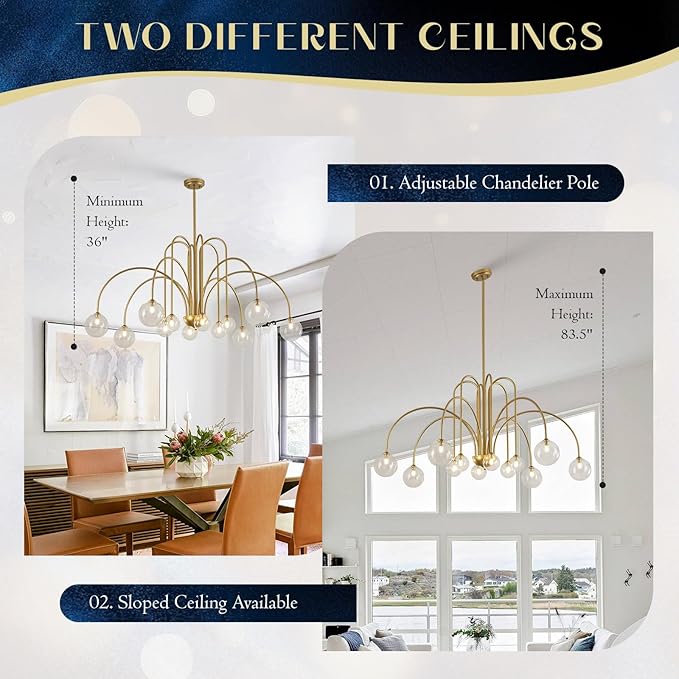 Mid Century Gold Sputnik Chandelier 12 Lights Modern Large L52” Clear Glass Globe Pendant Light Fixture for High Ceiling Foyer Staircase Living Dining Room