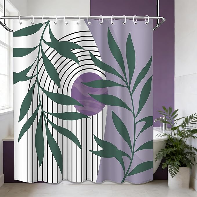 Boho Purple Shower Curtain Light Purple and Green Mid Century Modern Shower Curtains for Bathroom Decor Sets, Waterproof Fabric with Hooks, 70" W x 72" L