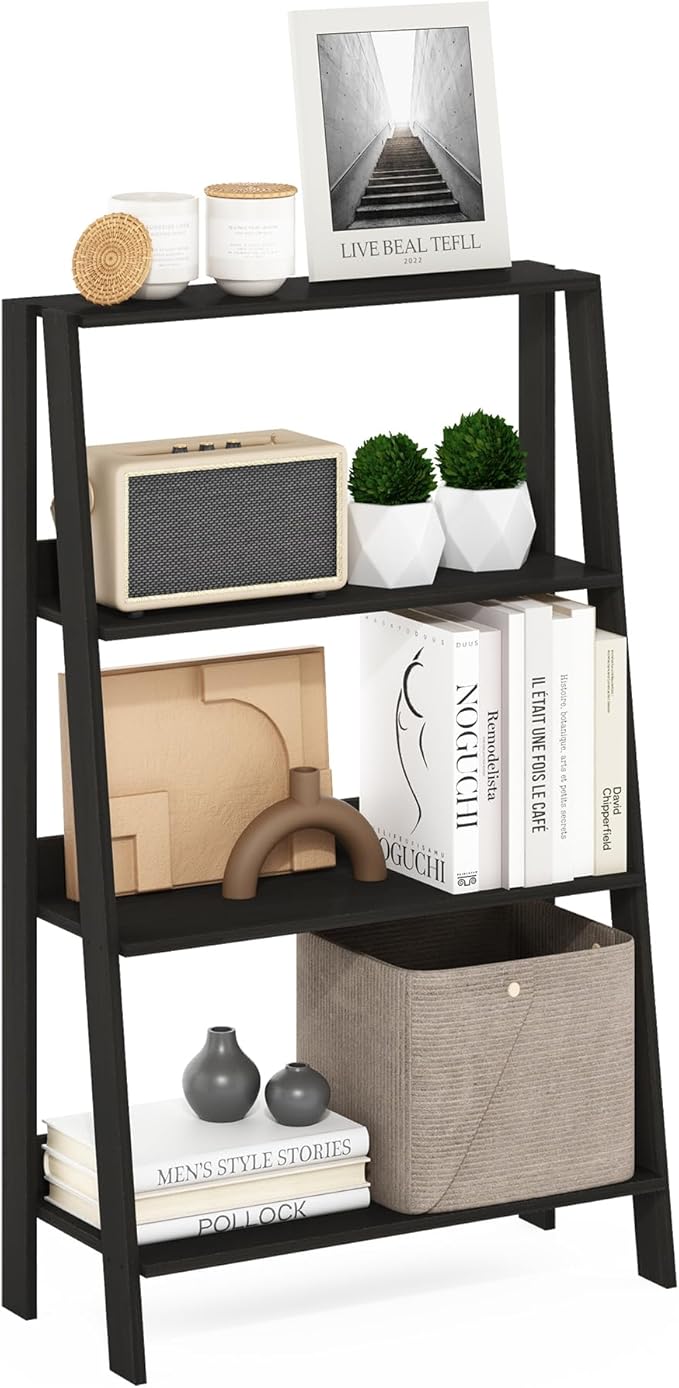 Furinno Ladder Book Shelf, 4-Tier Ladder Shelf, Open Design Bookshelf, Display Storage Bookcase, 10.9" x 23.6" x 38.4", Living Room, Home Office, Espresso