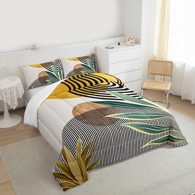 Erosebridal Mid Century Bedding Set Toddler Size Contemporary Bohemian Comforter Set,Modern Abstract Stripes Bedding Comforter Sets Geometric Retro Minimalism Quilt for Boys Girls,Yellow