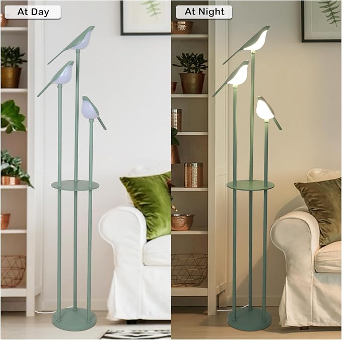 Bird Floor Lamp for Bedroom, Green Standing Lamps for Living Room, Corner Tall Lamp with Table, 3-Lights Vintage Floor Lamp, Modern Stand Up Lamp for Office, Girls Room, Unique Bird Lamps