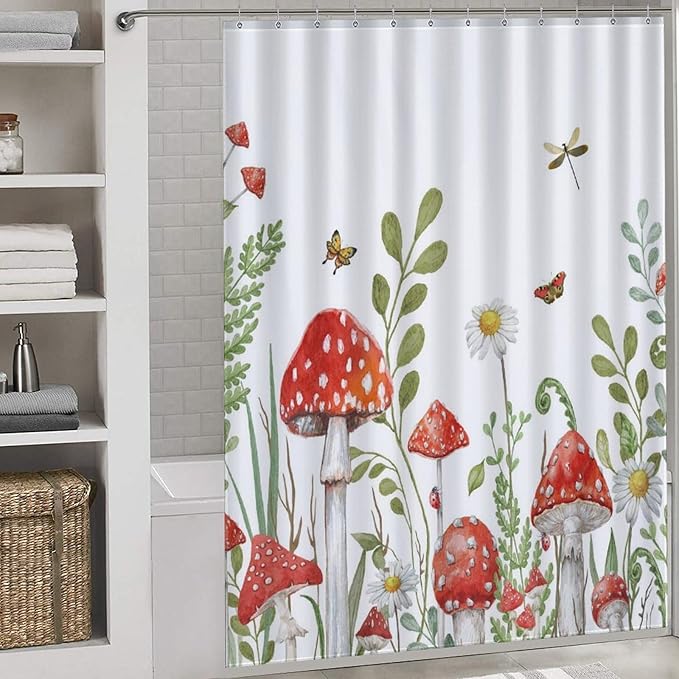 Mushroom Shower Curtain, Rustic Sage Green Botanical Vintage Mushroom Wildflower Forest Plants Herbs Farmhouse Country Waterproof Fabric Bathroom Shower Curtain Set with Hooks, 72"x78" Inch