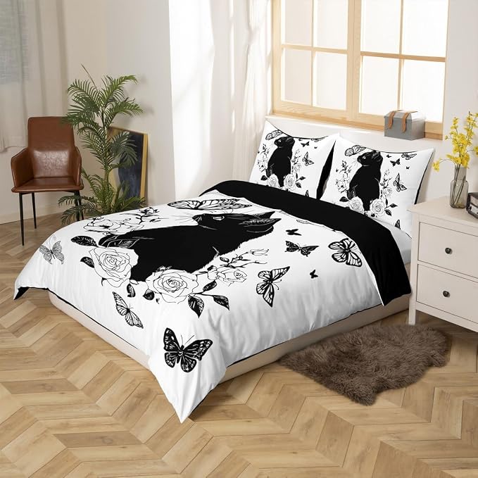 Erosebridal Elegant Cat Toddler Duvet Cover Black Floral Butterfly Bedding Set Black and White Comforter Cover for Kids Girls Boys Adults Cute Animal Bed Set