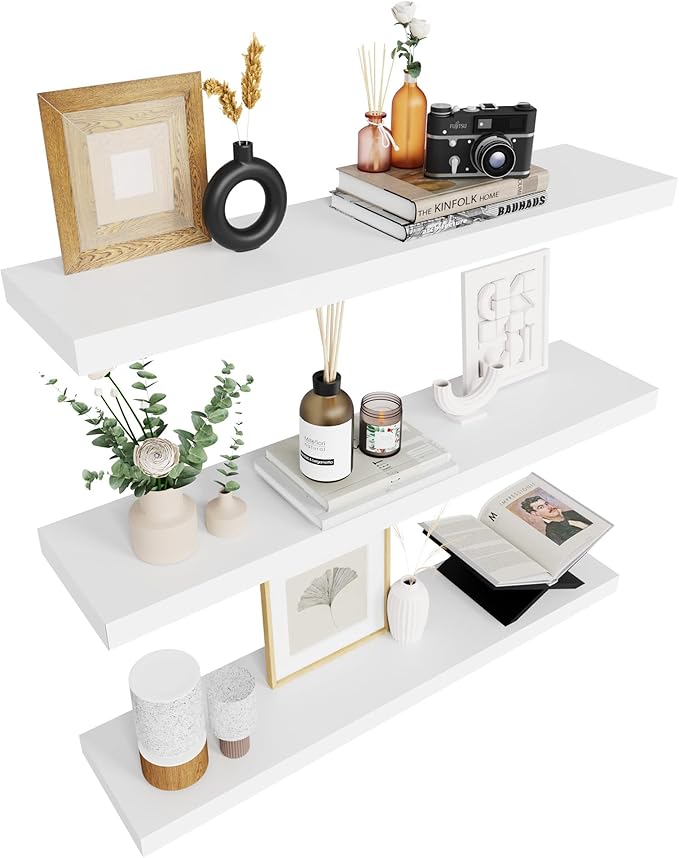 Colima Bathroom Floating Shelves for Wall, 36" Floating Wall Mounted Shelf, Rustic Wood Storage Hanging Shelf for Home Organization, Bathroom, Kitchen, Living Room (Set of 3, White)
