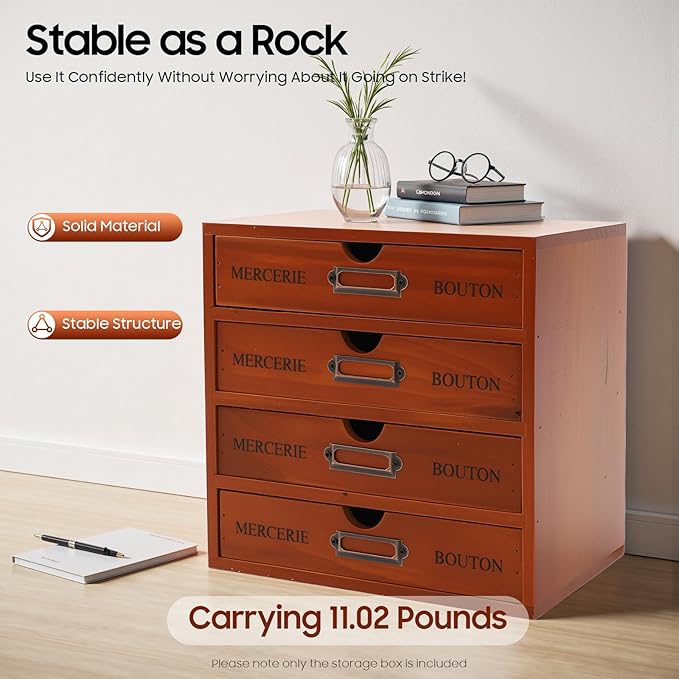 Vintage Wooden Drawers Organizer, 16-Drawer Desktop Storage Box With Drawers, Iron Label Holders, Apothecary Cabinet For Countertop Tea Coffee Pod Storage(4-Drawer/Brown)
